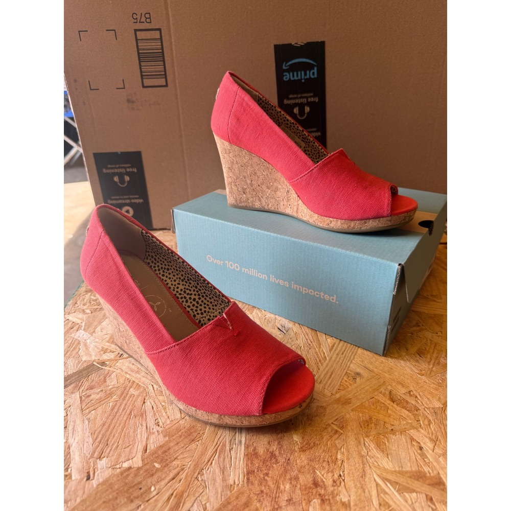 TOMS Michelle Wedge Sandals Paprika Red Slubby Woven Organic Cotton 7.5 10016369